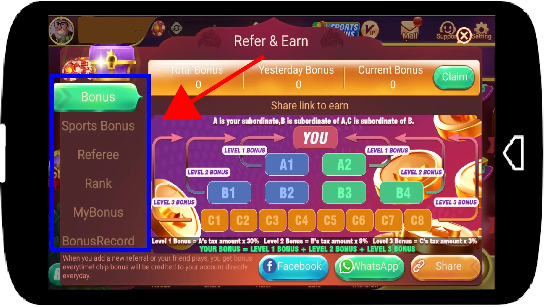 Different section in refer & earn like Bonus record, Referee, Rank etc